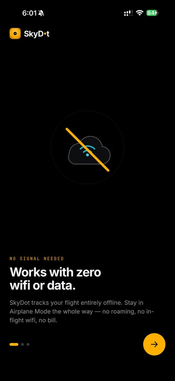SkyDot onboarding explaining that it tracks your flight entirely offline with zero wifi or data, staying in Airplane Mode the whole way.