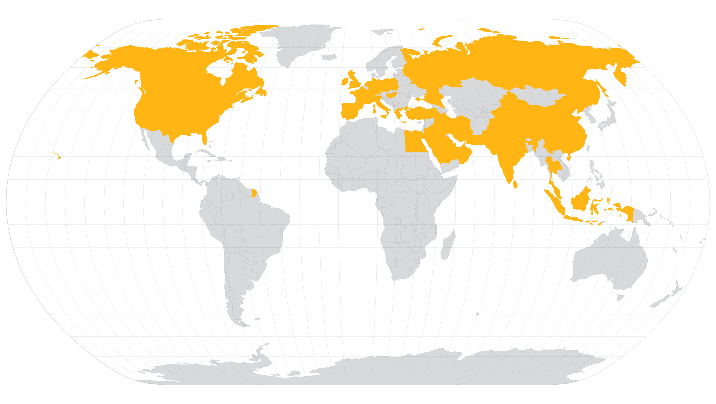 World map with 37 of the 195 countries filled in amber: Pakistan, the Gulf, Turkey, western and central Europe, South and East Asia, Russia, the United States and Canada.